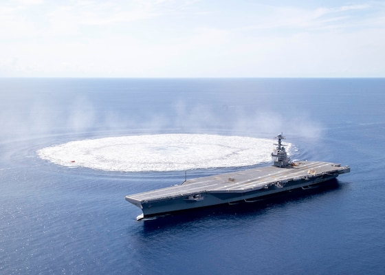 The aircraft carrier USS Gerald R. Ford (CVN 78) completes the first scheduled explosive event of Full Ship Shock Trials while underway in the Atlantic Ocean, June 18, 2021.