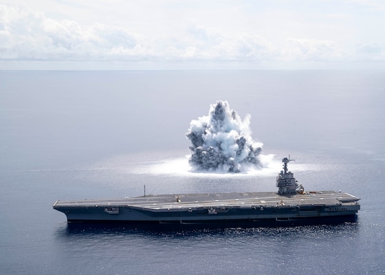 The aircraft carrier USS Gerald R. Ford (CVN 78) completes the first scheduled explosive event of Full Ship Shock Trials while underway in the Atlantic Ocean, June 18, 2021.