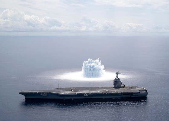 The aircraft carrier USS Gerald R. Ford (CVN 78) completes the first scheduled explosive event of Full Ship Shock Trials while underway in the Atlantic Ocean, June 18, 2021.