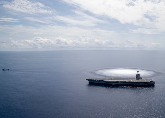 The aircraft carrier USS Gerald R. Ford (CVN 78) completes the first scheduled explosive event of Full Ship Shock Trials while underway in the Atlantic Ocean, June 18, 2021.