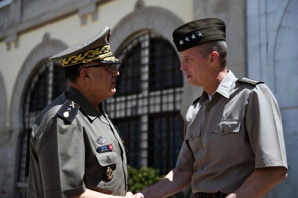Army Gen. Daniel Hokanson, chief, National Guard Bureau, talks with Brig. Gen. Mohamed El Ghoul, army chief of staff, Tunisian Land Forces, Carthage, Tunisia, June 16, 2021. Tunisia is paired with the Wyoming National Guard in the Department of Defense National Guard State Partnership Program.