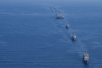 Carrier Strike Group (CSG) 8 conducts a simulated strait transit exercise in the Atlantic Ocean during Tailored Ship's Training Availability (TSTA) and Final Evaluation Period (FEP).