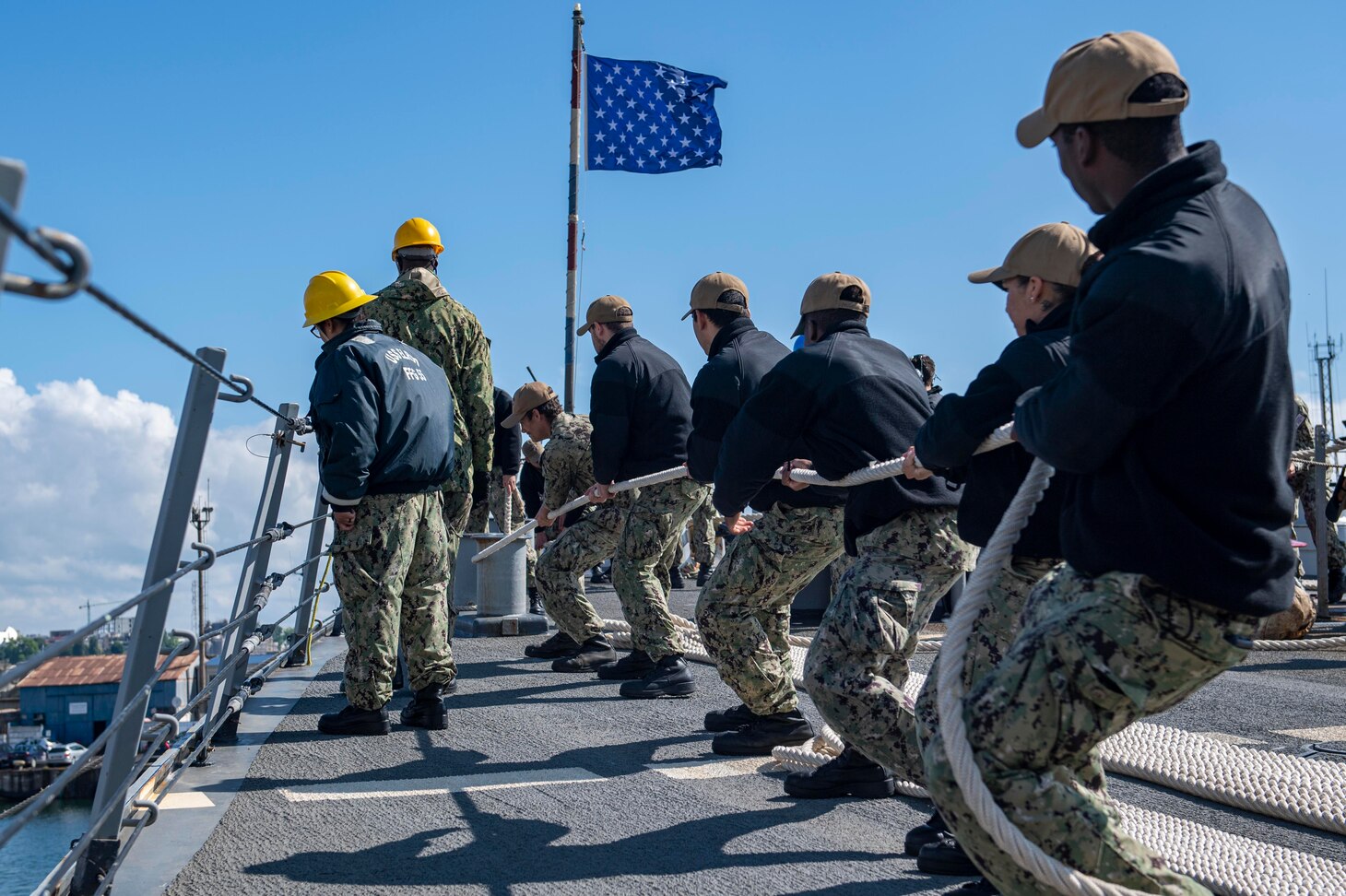 CONSTANTA, Romania (June 18, 2021) Sailors assigned to the Arleigh Burke-class guided-missile destroyer USS Laboon (DDG 58) heave a mooring line as Laboon arrives in Constanta, Romania, June 18, 2021. Laboon is deployed to the U.S. Sixth Fleet area of operations in support of U.S. national security interests in Europe and Africa. (U.S. Navy photo by Mass Communication Specialist Seaman Jeremy R. Boan/Released)