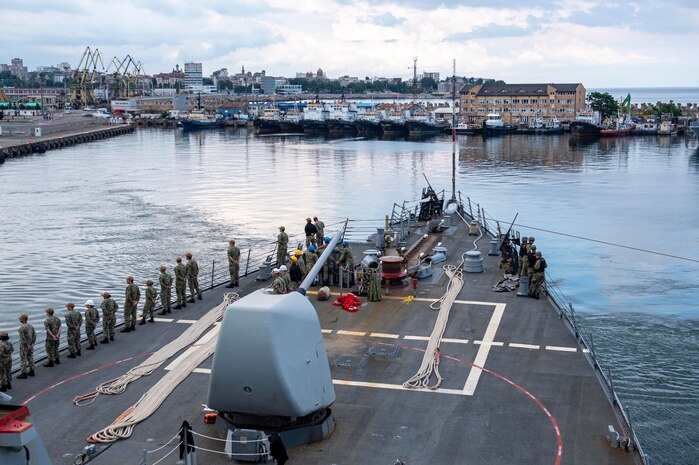 CONSTANTA, Romania (June 20, 2021) Sailors aboard the Arleigh Burke-class guided-missile destroyer USS Laboon (DDG 58) man the rails as Laboon departs Constanta, Romania, June 20, 2021. Laboon is deployed to the U.S. Sixth Fleet area of operations in support of U.S. national security interests in Europe and Africa. (U.S. Navy photo by Mass Communication Specialist Seaman Jeremy R. Boan/Released)