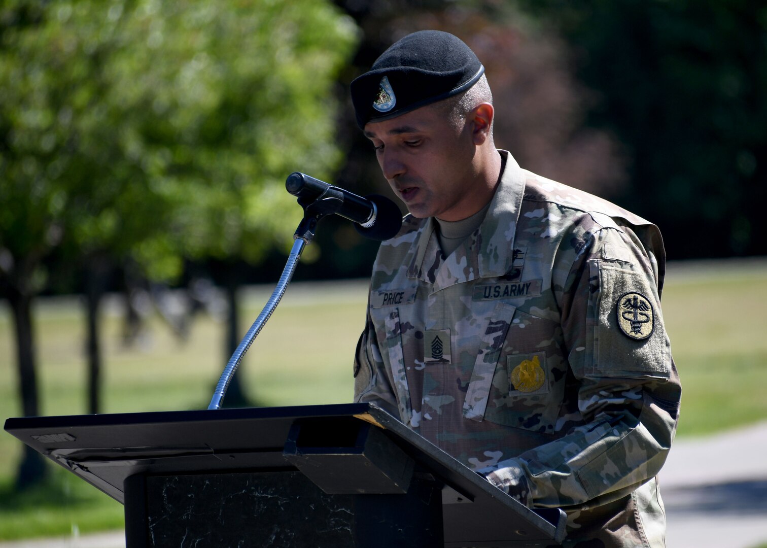 Command Sgt. Maj. Eric N. Price, the senior enlisted leader of the Fort Drum Medical Activity, speaks to attendees during his assumption of responsibility ceremony at Fort Drum, N.Y., June 17, 2021.  Price officially assumed responsibility as the MEDDAC’s senior noncommissioned officer during the ceremony and will now serve as the commander’s principal advisor on enlisted matters.  (U.S. Army photo by Warren W. Wright Jr., Fort Drum Medical Activity Public Affairs)