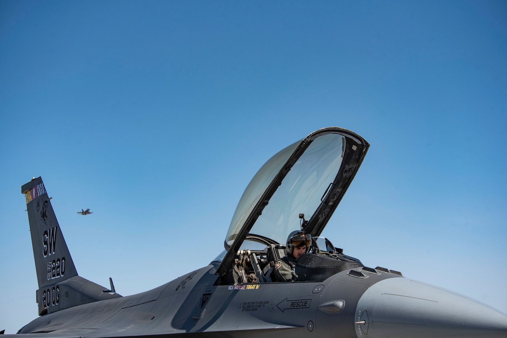 A 20th Fighter Wing pilot prepares for a mission during Red Flag 21-2 at Nellis Air Force Base, Nevada, March 8, 2021. The 20th FW brought over 500 individuals from Shaw AFB, South Carolina, including two fighter squadrons to participate as the host unit. The two fighter squadrons, the 55th “Shooters” and 79th “Tigers,” are responsible for maintaining the safety of other units by escorting their aircraft in and out of the airspace as well as performing the units’ primary mission set: the suppression of enemy air defenses. (U.S. Air Force photo by Staff Sgt. Destinee Sweeney)
