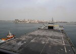 (JUNE 21, 2021) The Expeditionary Sea Base USS Hershel “Woody” Williams (ESB 4) prepares to pull into Dakar, Senegal, June 21, 2021. Hershel “Woody” Williams is on a scheduled deployment in the U.S. Sixth Fleet area of operations in support of U.S. national interests and security in Europe and Africa.