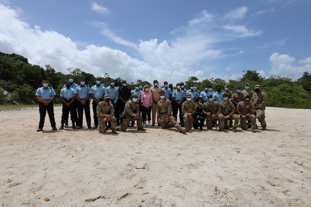 U.S. Ambassador to the Co-operative Republic of Guyana, Sarah-Ann Lynch poses for a group photo with U.S. and Guyana personnel during Tradewinds 2021.