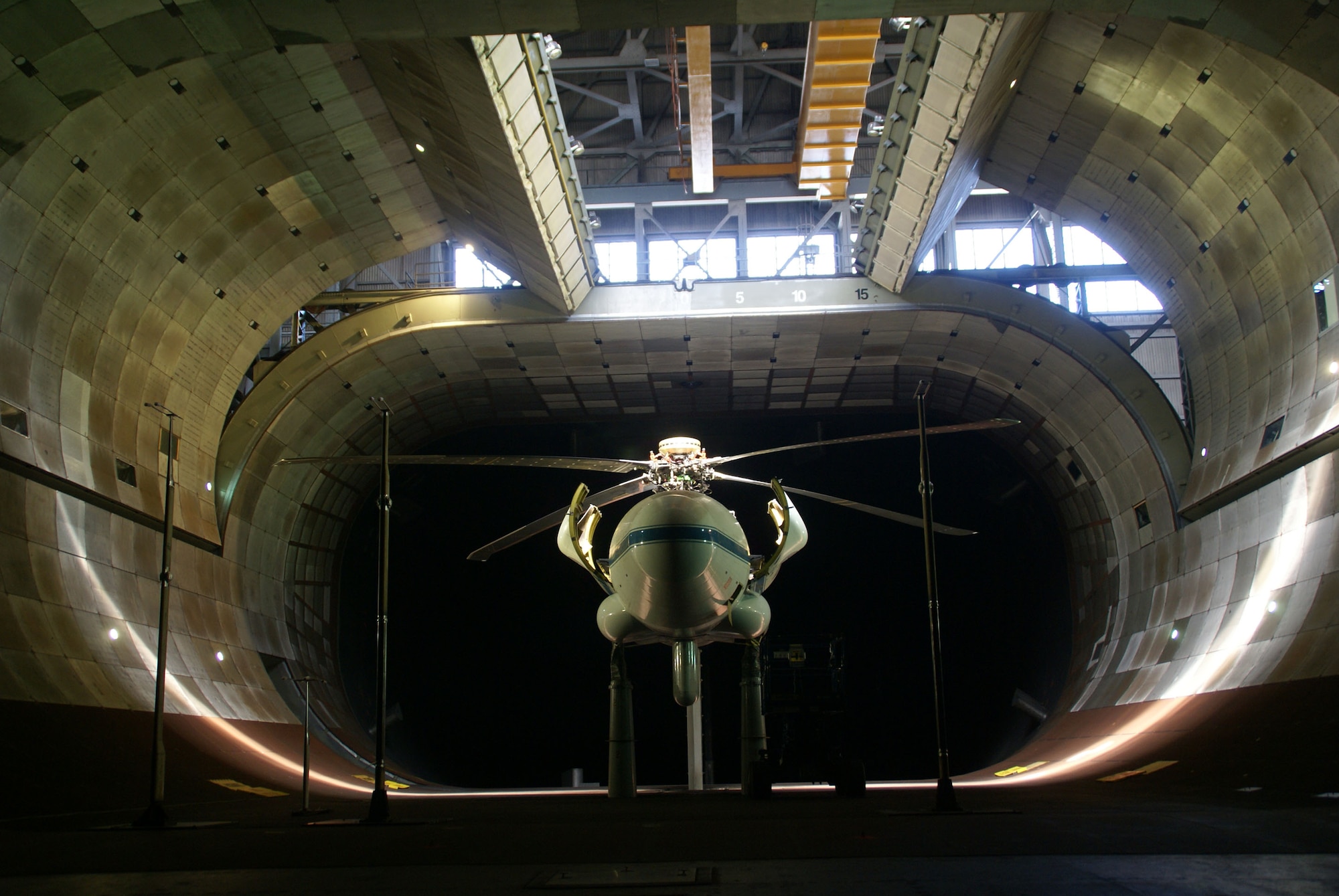 In 2009, a UH-60 Blackhawk rotor was mounted on the Large Rotor Test Apparatus during testing of the Individual Blade Control system at the National Full-Scale Aerodynamics Complex’s 40- by 80-foot wind tunnel in Mountain View, California. (U.S. Air Force photo by Philip Lorenz III)