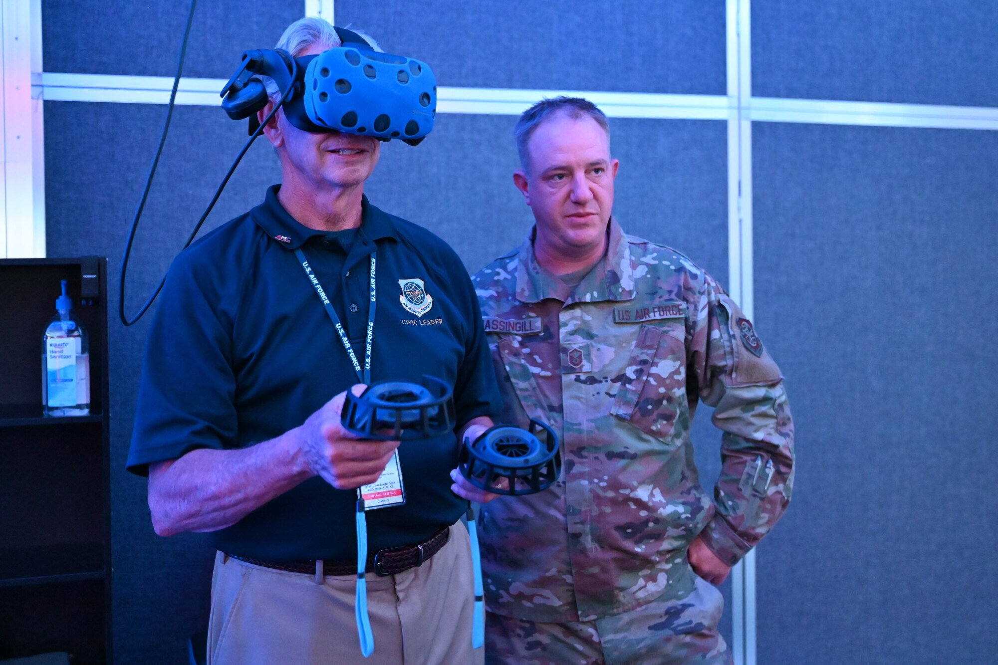 Kevin Twohig, Air Mobility Command Civic Leader representing Fairchild Air Force Base, Washington, tours the virtual reality maintenance hangar
