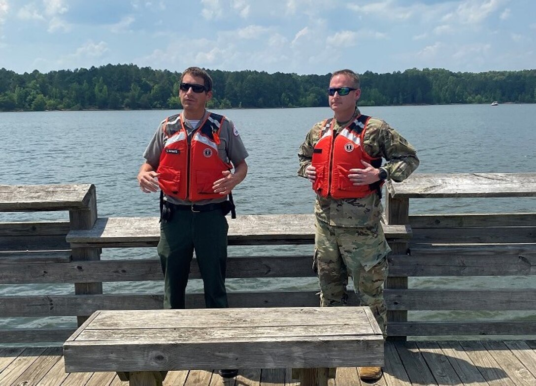LTC Rob Burnham and Ranger David Schwartz filming a water safety video at Falls Lake