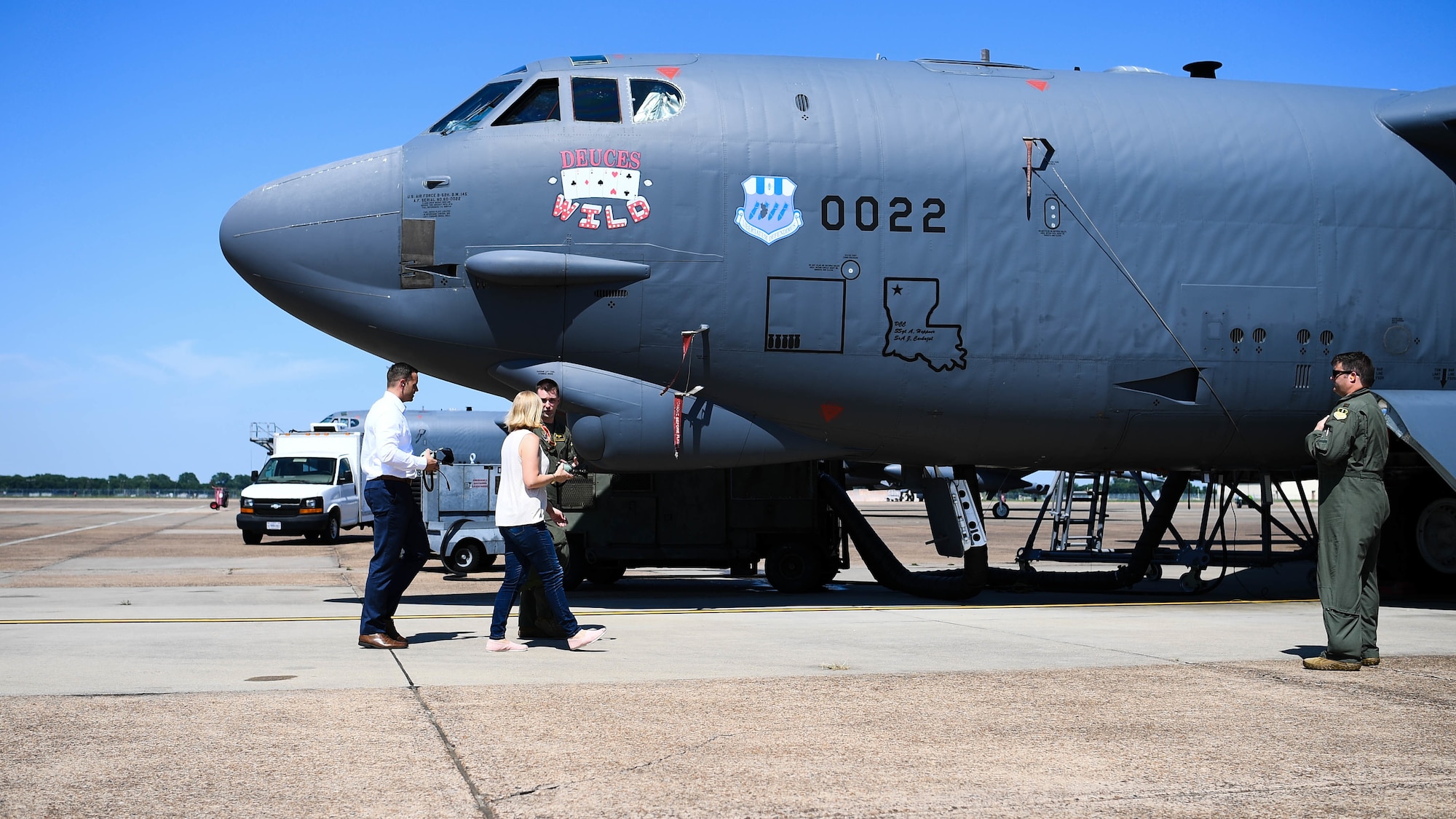 Lauren Barrett Knausenberger, Air Force chief information officer, tours a B-52H Stratofortress during an official visit to Barksdale Air Force Base, Louisiana, June 15, 2021. Knausenberger visited Barksdale to familiarize herself with the mission of Air Force Global Strike Command. (U.S. Air Force photo by Senior Airman Jacob B. Wrightsman)