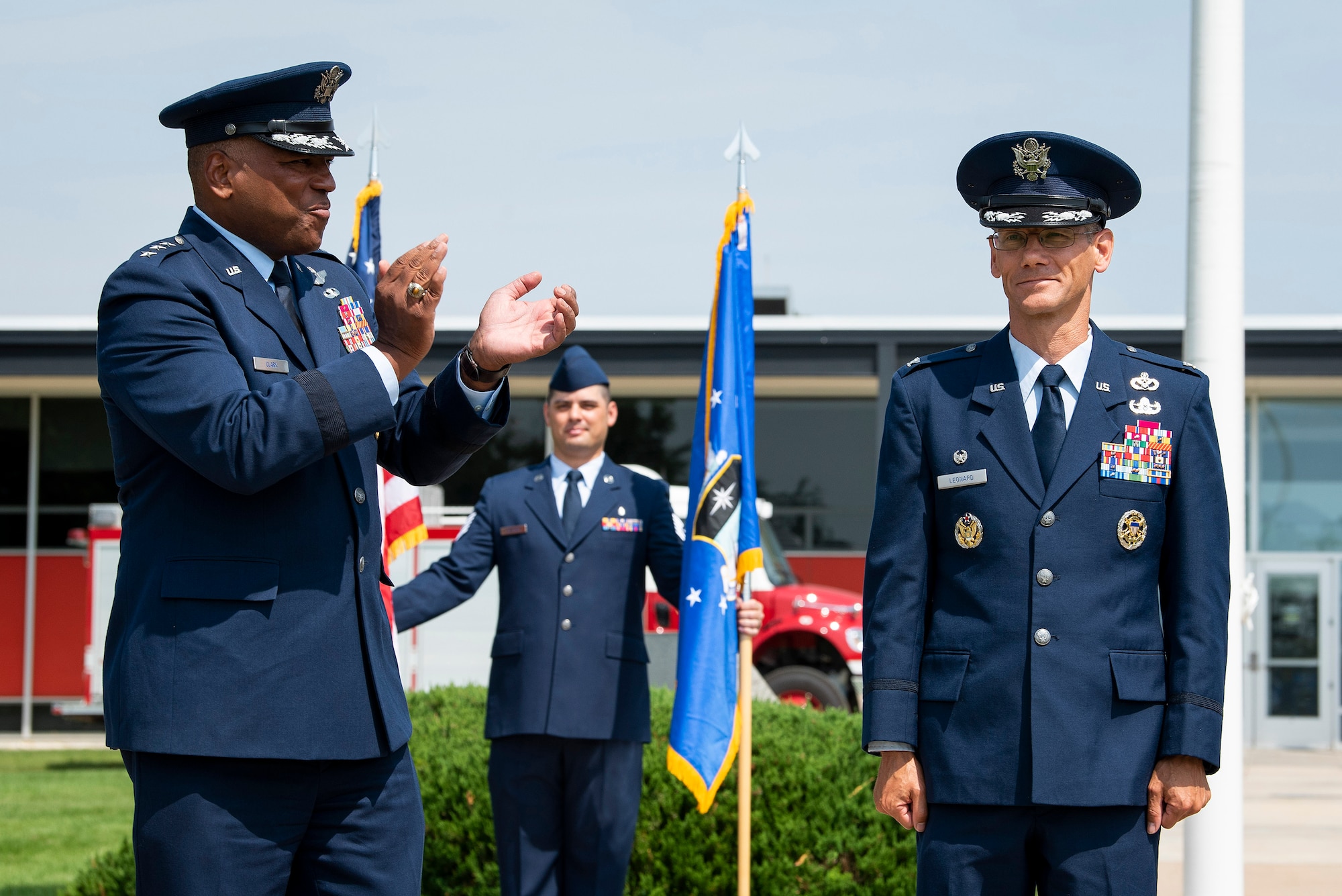 Lieutenant Gen. Richard Clark, superintendent of the Air Force Academy stands next to Col. Christopher Leonard, commander of the 10th Air Base Wing,
