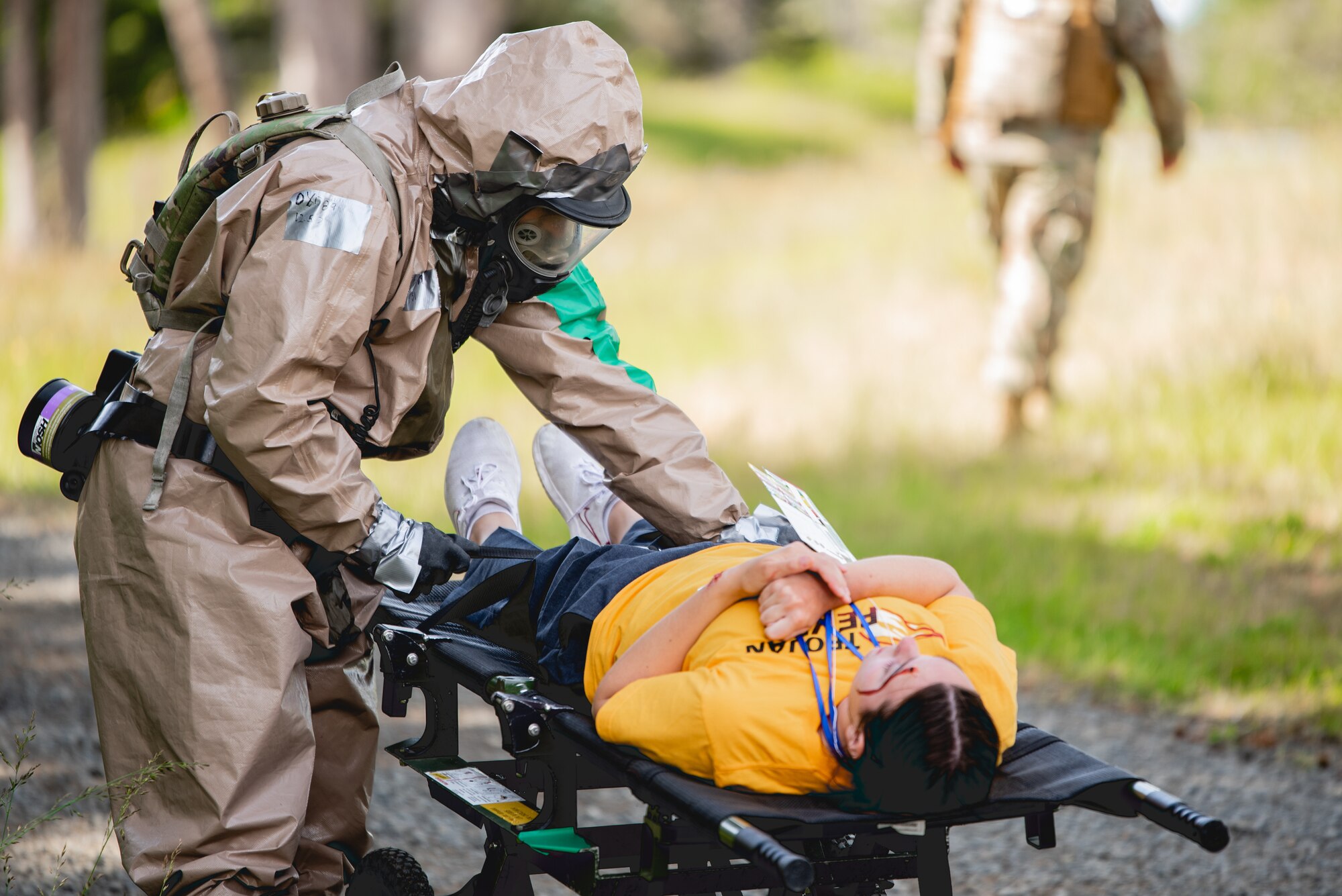 Guardsmen from the Oregon Chemical, Biological, Radiological, Nuclear and Explosive (CBRNE) Enhanced Response Force Package (CERFP) conduct mass casualty decontamination operations in an emergency preparedness exercise at Camp Rilea. It was part of an inspection conducted by the Joint Interagency Training and Education Center every two years to measure the team’s ability to respond to a disaster.