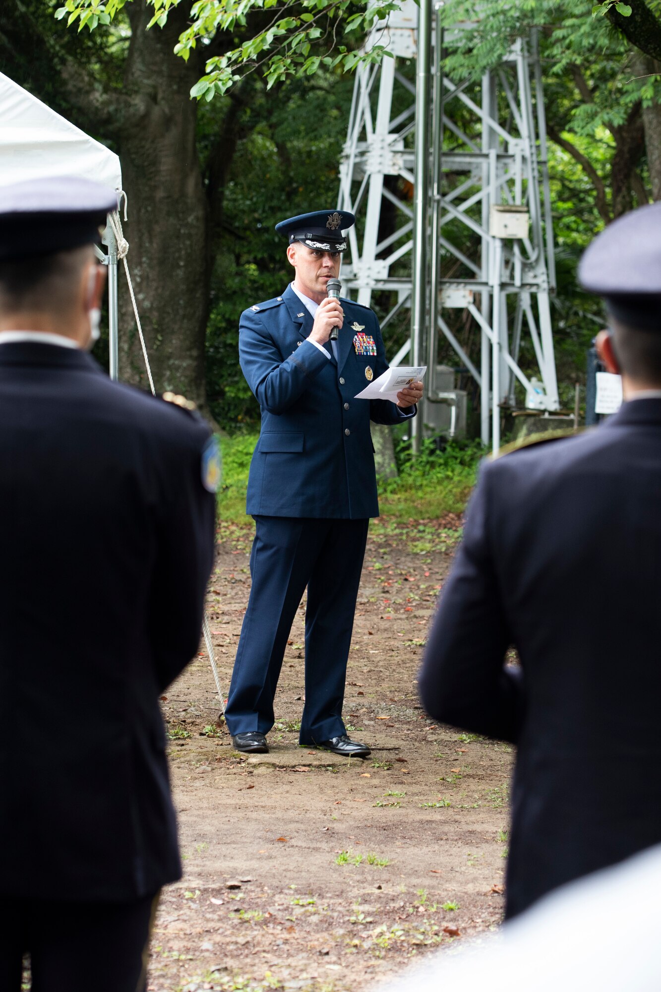 Col. Andrew Campbell, 374th Airlift Wing commander, speaks during a memorial ceremony in Shizuoka City, Japan, June 19, 2021. Campbell spoke of participating in the event 20 years ago and talking to Japanese service members who never thought they would grow up and have grandchildren. (U.S. Air Force photo by Staff Sgt. Joshua Edwards)