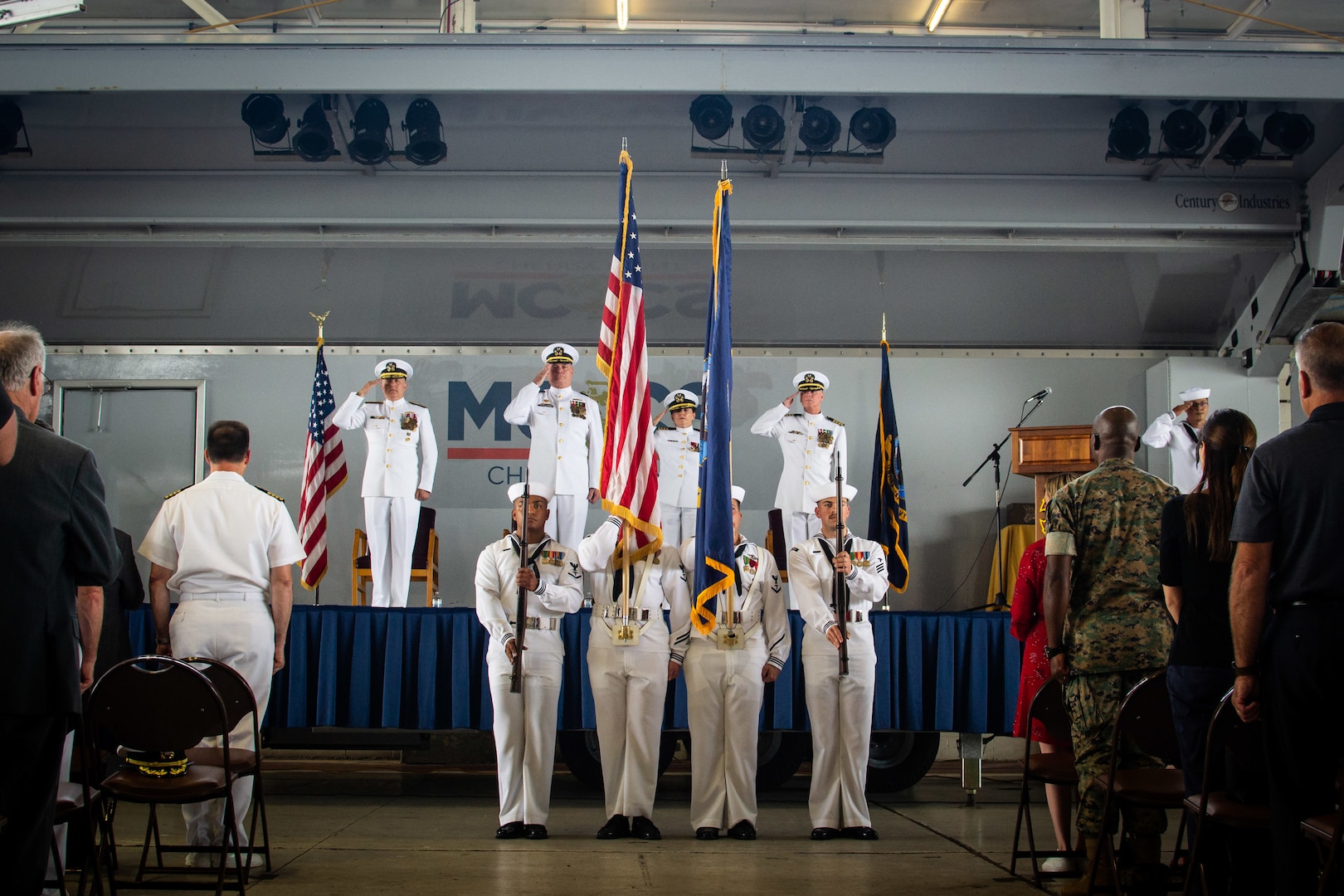 The Naval Health Clinic Cherry Point color guard parades the national colors during the clinic’s change of command ceremony held Friday, June 4 aboard Marine Corps Air Station Cherry Point, North Carolina.  Navy Capt. Elizabeth Adriano assumed command of the clinic, a keystone component of the air station’s medical readiness, during the ceremony.