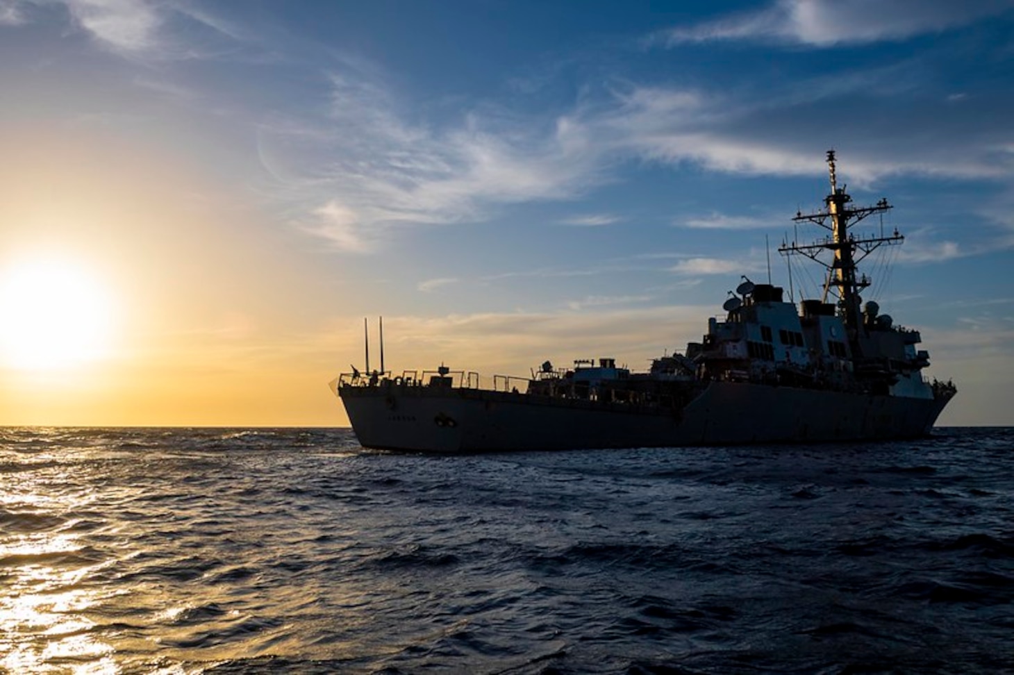 The Arleigh Burke-class guided-missile destroyer USS Laboon (DDG 58) sails in the Sea of Crete, May 28, 2021.