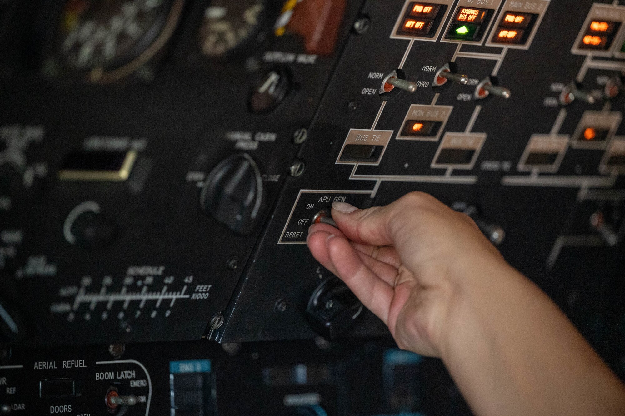 Airman 1st Class Rebecca Reimer, 9th Airlift Squadron loadmaster student, turns on the auxiliary power units of a Dover Air Force Base C-5M Super Galaxy during a Major Command Service Tail Trainer at Holloman AFB, New Mexico, June 8, 2021. The 9th AS performs MSTTs to expedite upgrade and qualification training for C-5M loadmasters and flight engineers. Of the 350 tasks needed to be a fully qualified loadmaster, roughly half can be completed during an MSTT, reducing training time by up to 35 days. (U.S. Air Force photo by Senior Airman Faith Schaefer)