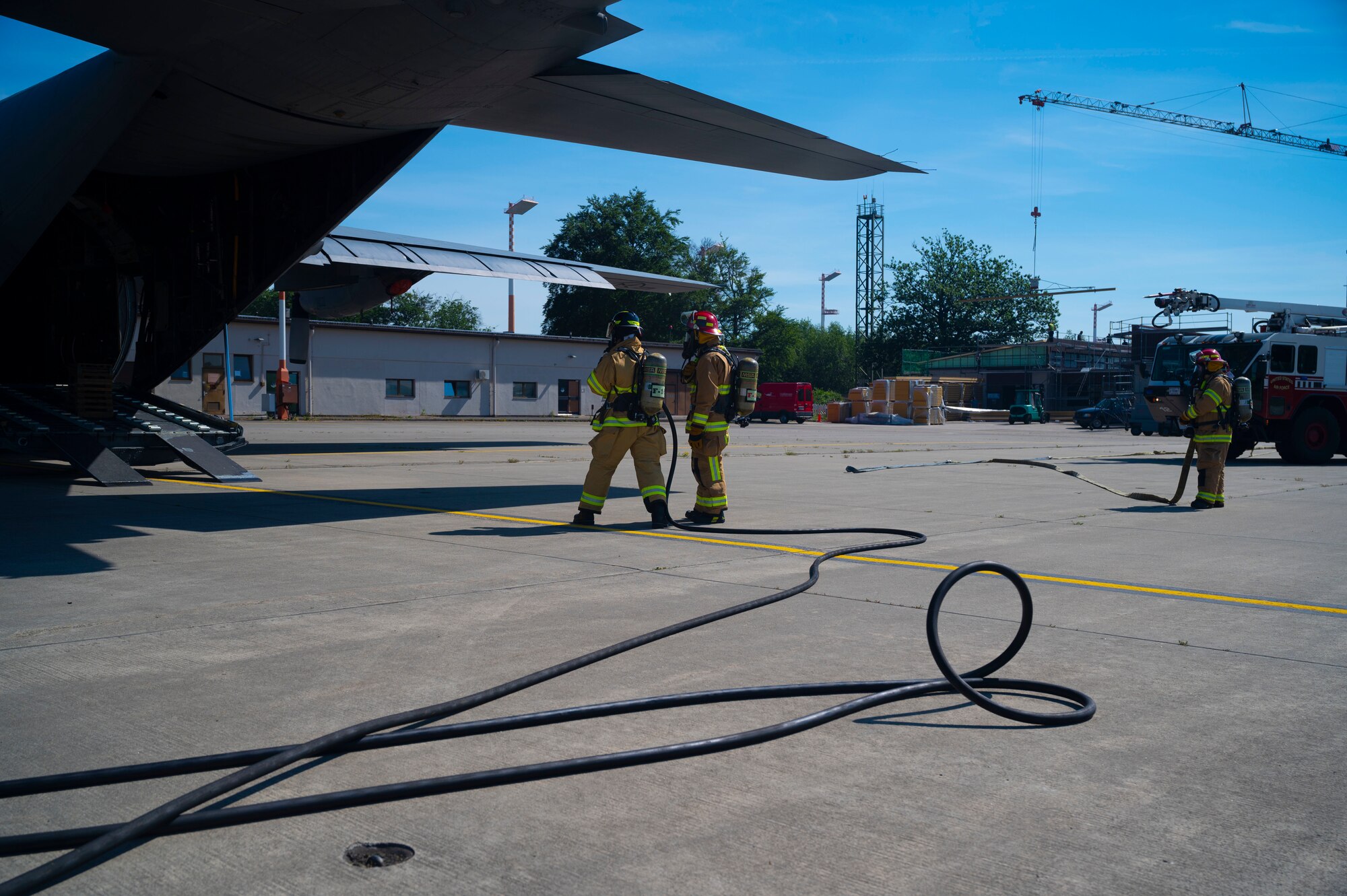 U.S. Air Force firefighters assigned to the 86th Civil Engineer Squadron conduct aircraft fire training exercises