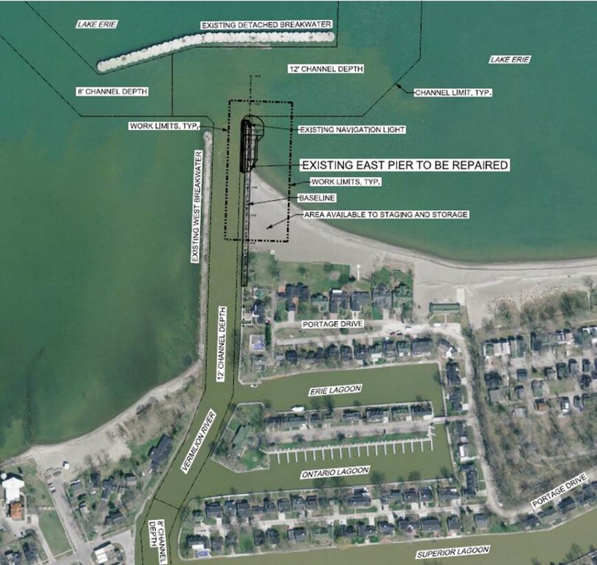 The current $1.825 million contract was awarded on September 30, 2020. The Corps of Engineers is using available funds to repair 216 feet of the most degraded section of the Vermilion Harbor east pier.  Repair of the remaining degraded reach of the east pier is dependent upon receiving additional funding.