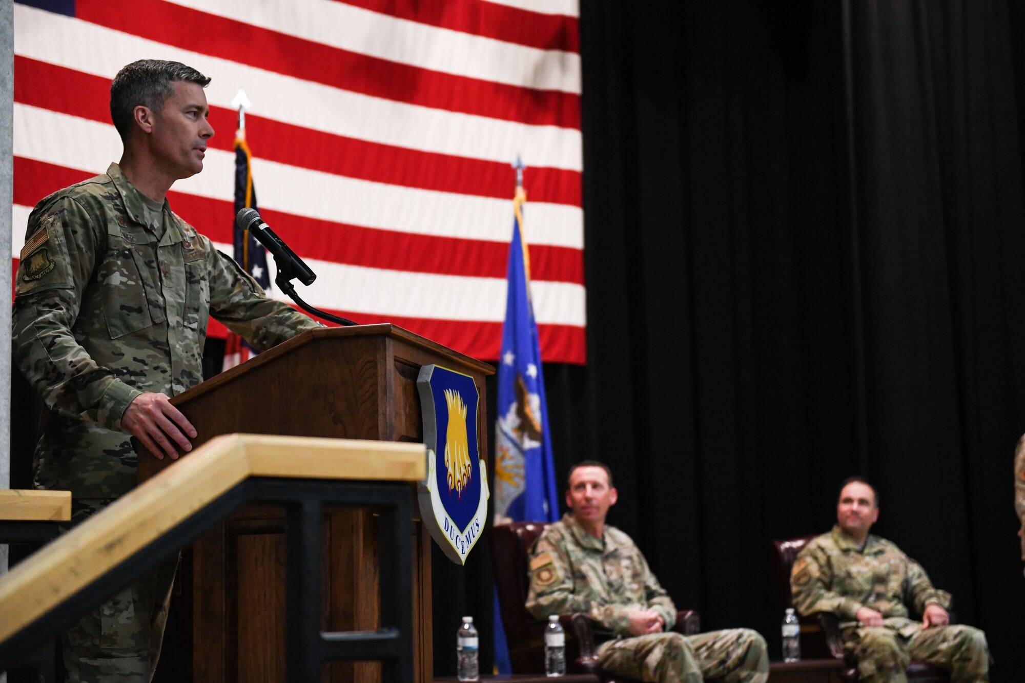 Col. Robert Kelly, 22nd Mission Support Group out-bound commander, relinquishes command during a change of command ceremony June 17, 2021, at McConnell Air Force Base, Kansas. Command was relinquished to Col. Heath Frye, 22nd MSG commander. The ceremony is a time-honored tradition that symbolizes a transfer of authority. (U.S. Air Force photo by Senior Airman Alan Ricker)