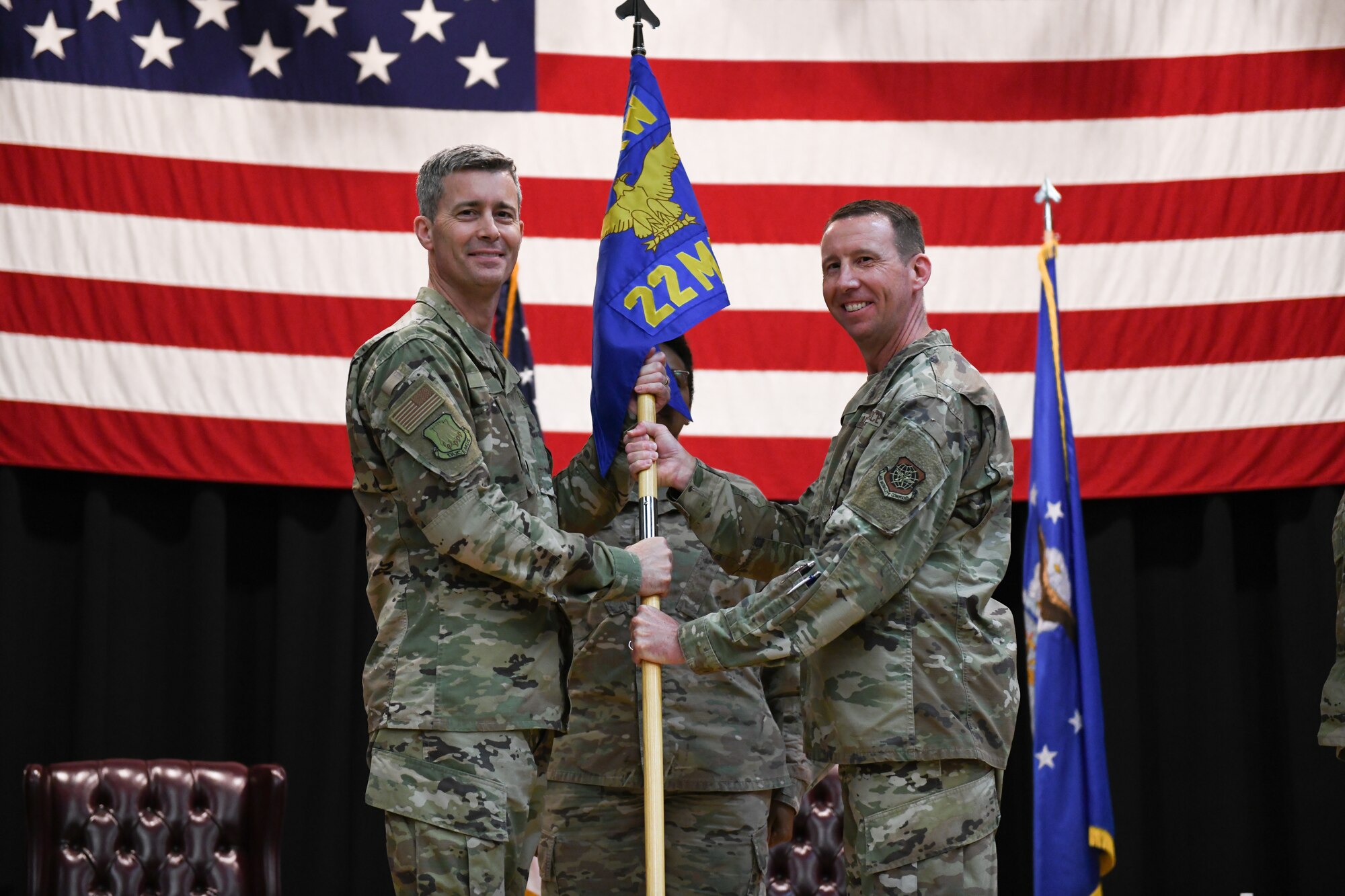 Col. Robert Kelly, 22nd Mission Support Group out-bound commander, relinquishes command during a change of command ceremony June 17, 2021, at McConnell Air Force Base, Kansas. Command was relinquished to Col. Heath Frye, 22nd MSG commander. The ceremony is a time-honored tradition that symbolizes a transfer of authority. (U.S. Air Force photo by Senior Airman Alan Ricker)