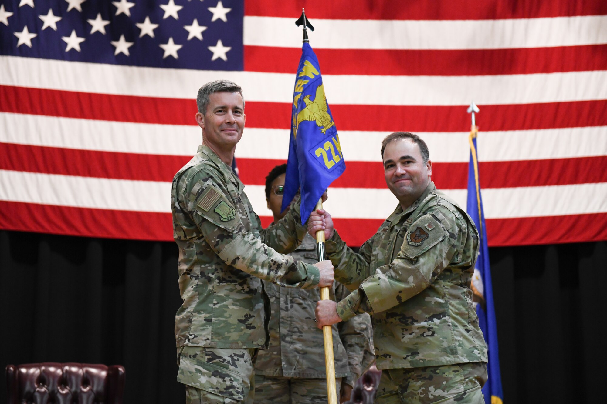 Col. Heath Frye, 22nd Mission Support Group commander, gains command during a change of command ceremony June 17, 2021, at McConnell Air Force Base, Kansas. The passing of the guideon is a time-honored tradition that symbolizes a transfer of authority. (U.S. Air Force photo by Senior Airman Alan Ricker)