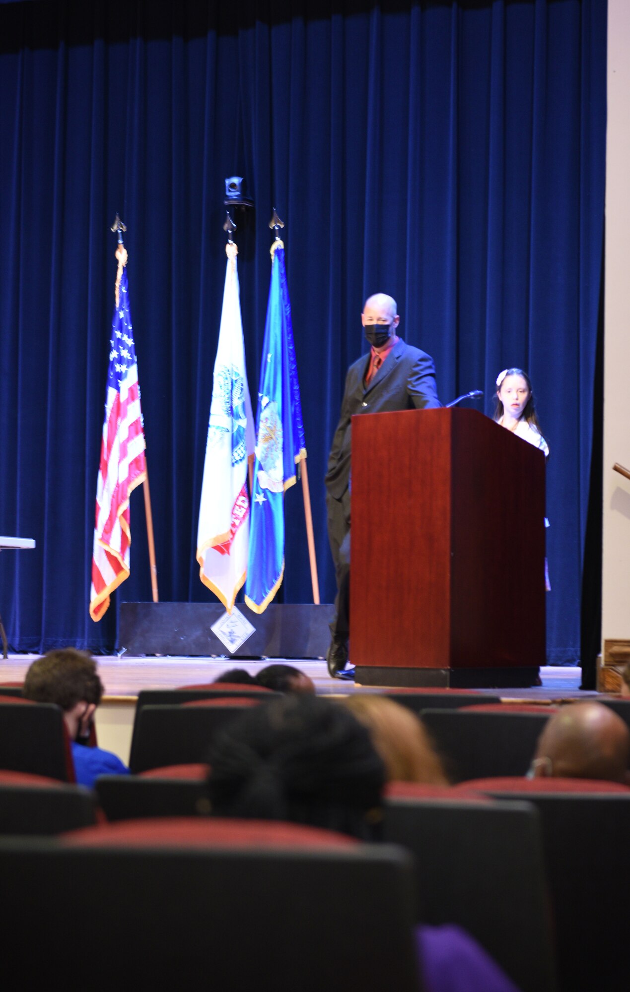 Yasmine Harrison, Project SEARCH class of 2021 graduate, delivers a speech about her experience in the program in the Wiley Theater at Joint Base Langley-Eustis, Virginia.