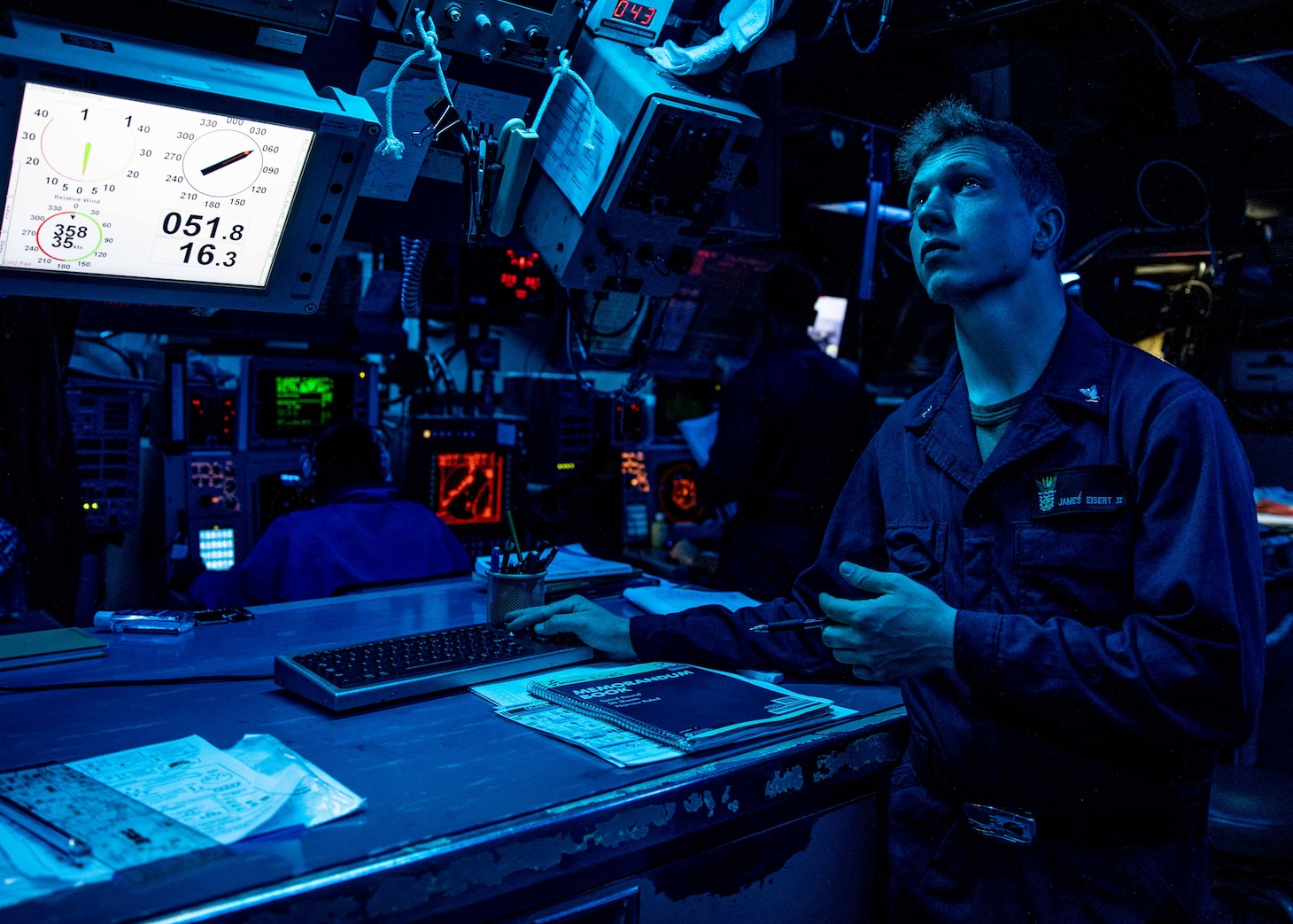 TAIWAN STRAIT (June 22, 2021) – Fire Controlman (Aegis) 3rd Class James Eisert, from Philadelphia, stands watch in combat systems while Arleigh Burke-class guided-missile destroyer USS Curtis Wilbur (DDG 54) as the ship conducts routine operations. Curtis Wilbur is assigned to Commander, Task Force 71/Destroyer Squadron (DESRON) 15, the Navy’s largest forward-deployed DESRON and U.S. 7th Fleet’s principal surface force.