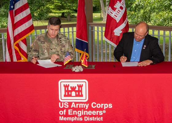 The West Tennessee River Basin Authority and the U.S. Army Corps of Engineers Memphis District recently held a Feasibility Cost Sharing Agreement Signing Ceremony to initiate a cost-shared feasibility study. The study aims to identify and evaluate alternatives and the preparation of a decision document that, as appropriate, recommends a coordinated and implementable solution for restoring aquatic and floodplain habitat along a 20-mile corridor from Reelfoot Lake and Lake Isom National Wildlife Refuge to the Obion River. (USACE photo by Vance Harris)