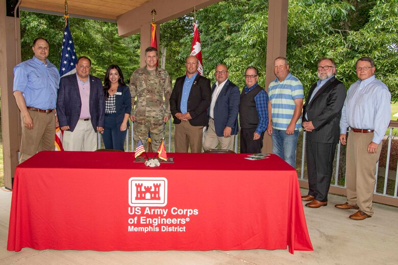 The West Tennessee River Basin Authority and the U.S. Army Corps of Engineers Memphis District recently held a Feasibility Cost Sharing Agreement Signing Ceremony to initiate a cost-shared feasibility study. The study aims to identify and evaluate alternatives and the preparation of a decision document that, as appropriate, recommends a coordinated and implementable solution for restoring aquatic and floodplain habitat along a 20-mile corridor from Reelfoot Lake and Lake Isom National Wildlife Refuge to the Obion River. (USACE photo by Vance Harris)