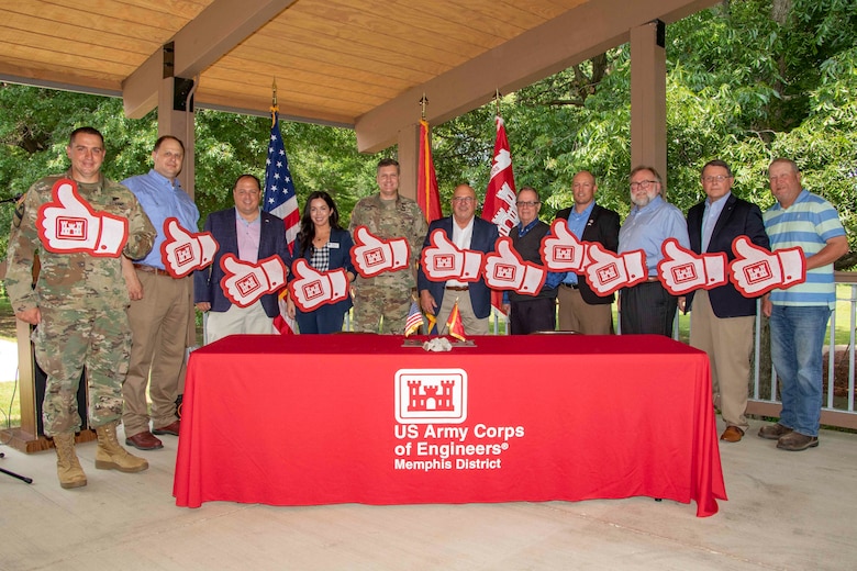 The West Tennessee River Basin Authority and the U.S. Army Corps of Engineers Memphis District recently held a Feasibility Cost Sharing Agreement Signing Ceremony to initiate a cost-shared feasibility study. The study aims to identify and evaluate alternatives and the preparation of a decision document that, as appropriate, recommends a coordinated and implementable solution for restoring aquatic and floodplain habitat along a 20-mile corridor from Reelfoot Lake and Lake Isom National Wildlife Refuge to the Obion River. (USACE photo by Vance Harris)