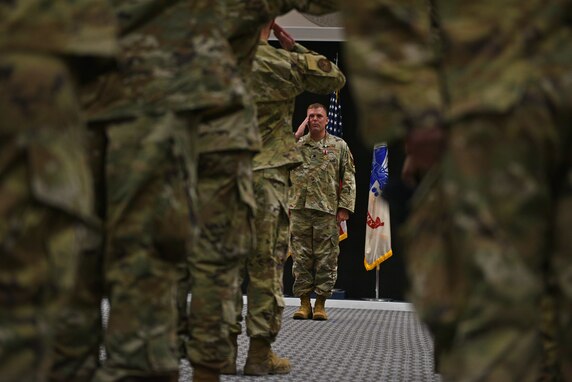 Members of the 17th Security Forces Squadron salute U.S. Air Force Lt. Col. Richard Buckley, outgoing 17th Security Forces Squadron commander, during the change of command ceremony at the Event Center on Goodfellow Air Force Base, Texas, June 22, 2021. The squadron’s salute represents a “thank you” to the outgoing commander for his leadership. (U.S. Air Force photo by Senior Airman Ashley Thrash)