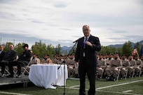 David McPhetres, director of the Alaska Military Youth academy makes opening remarks at AMYA's graduation ceremony, held at the Bartlett High School Football Field in Anchorage, June 18, 2021. The ceremony featured Alaska Lt. Gov. Kevin Meyer as the keynote speaker for the 79 graduating cadets and their families. (U.S Army National Guard photo by Victoria Granado)