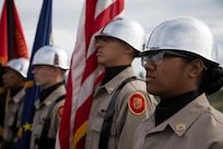 Alaska Military Youth Academy cadets stand by to present the colors at AMYA's graduation ceremony, held at the Bartlett High School Football Field in Anchorage, June 18, 2021. The ceremony featured Alaska Lt. Gov. Kevin Meyer as the keynote speaker for the 79 graduating cadets and their families. (U.S Army National Guard photo by Victoria Granado)