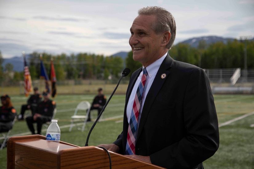State of Alaska Lt. Gov. Kevin Meyer speaks to the audience and cadets at the Alaska Military Youth Academy graduation ceremony, held at the Bartlett High School Football Field in Anchorage, June 18, 2021. The ceremony featured Alaska Lt. Gov. Kevin Meyer as the keynote speaker for the 79 graduating cadets and their families. (U.S Army National Guard photo by Victoria Granado)