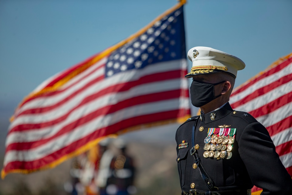 U.S. Marine Brig. Gen. Dan Conley, the commanding general of Marine Corps Installations West, Marine Corps Base Camp Pendleton, stands at parade rest during the 2021 Ronald Reagan Presidential Wreath Laying Ceremony at the Ronald Reagan Presidential Library and Museum in Simi Valley, California, Feb. 6, 2021. The ceremony is an annual event to commemorate President Reagan’s life and legacy, with a ceremony being held every year on his birthday since his death in 2004. (U.S. Marine Corps photo illustration by Lance Cpl. Kerstin Roberts)