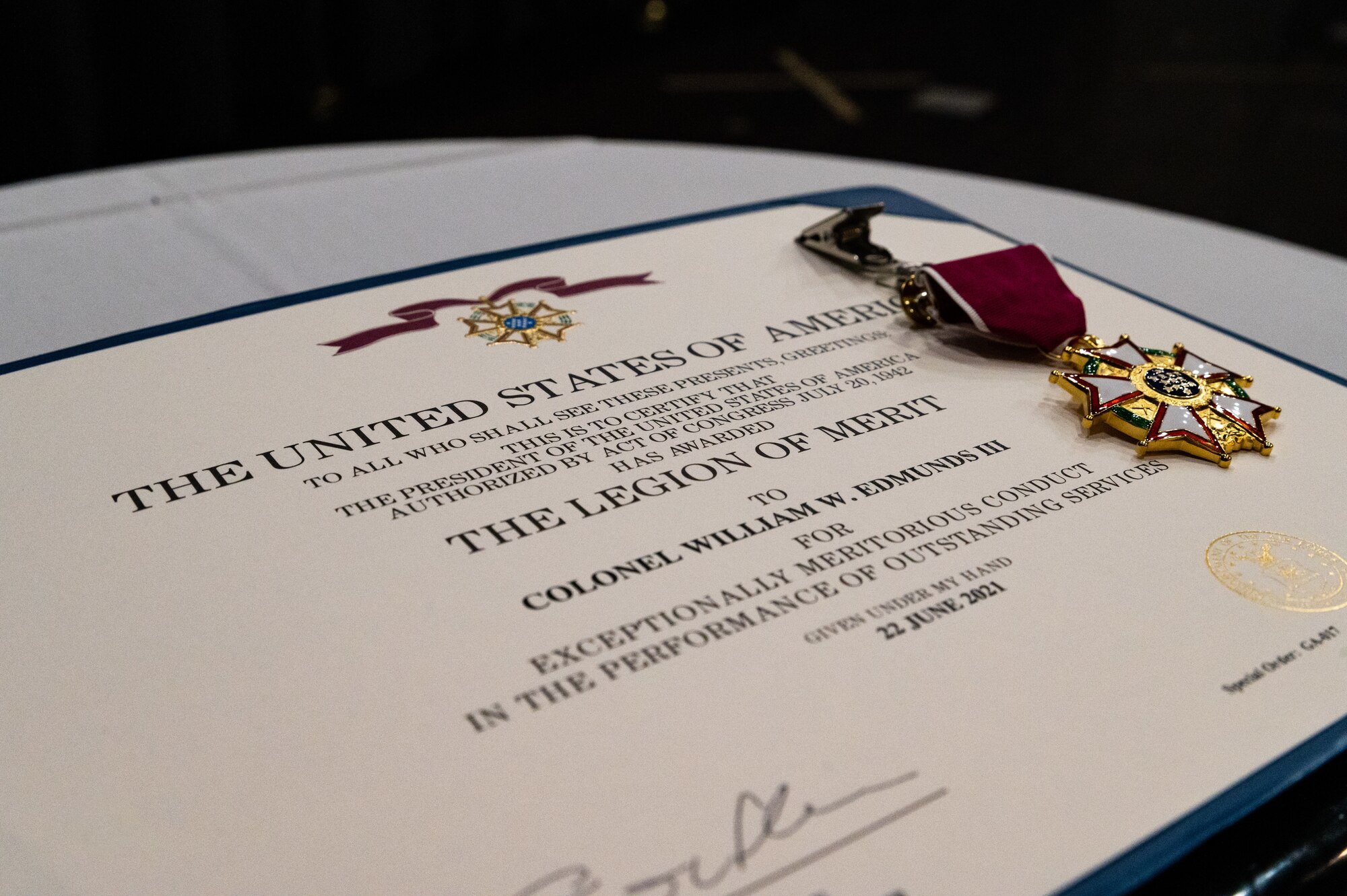 A Legion of Merit decoration awaits presentation before the 607th Air Support Operations Group change of command ceremony at Osan Air Base, Republic of Korea, June 22, 2021. Col. William Edmunds, earned the Legion of Merit for his meritorious conduct as the 607th ASOG commander. (U.S. Air Force photo by Tech. Sgt. Nicholas Alder)