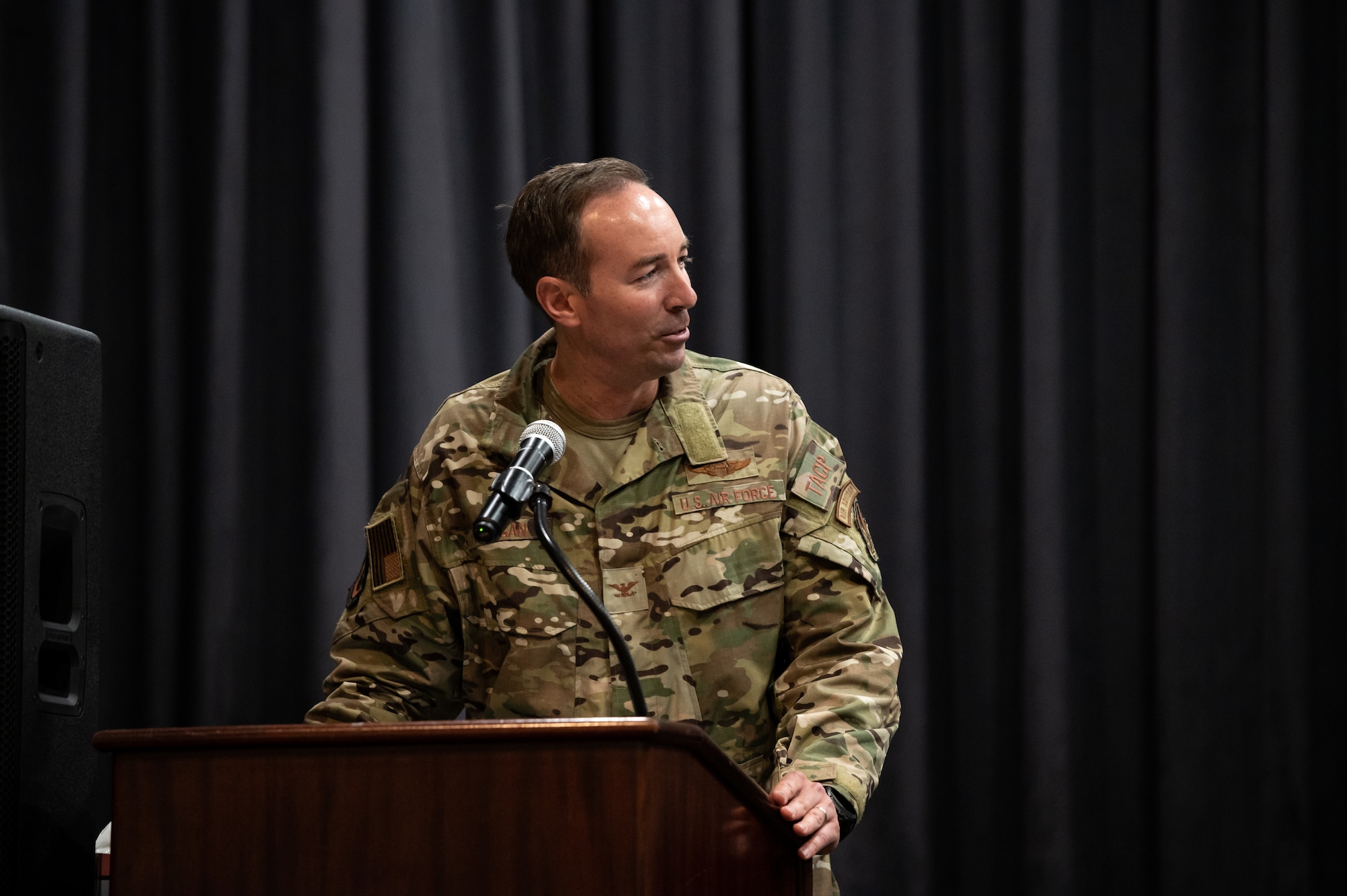 Col. Scott Morgan, 607th Air Support Operations Group commander, gives closing remarks during the 607th ASOG change of command at Osan Air Base, Republic of Korea, June 22, 2021. The ceremonial passing of the guidon to Morgan marks the official beginning of his command of the 607th ASOG.  (U.S. Air Force photo by Tech. Sgt. Nicholas Alder)