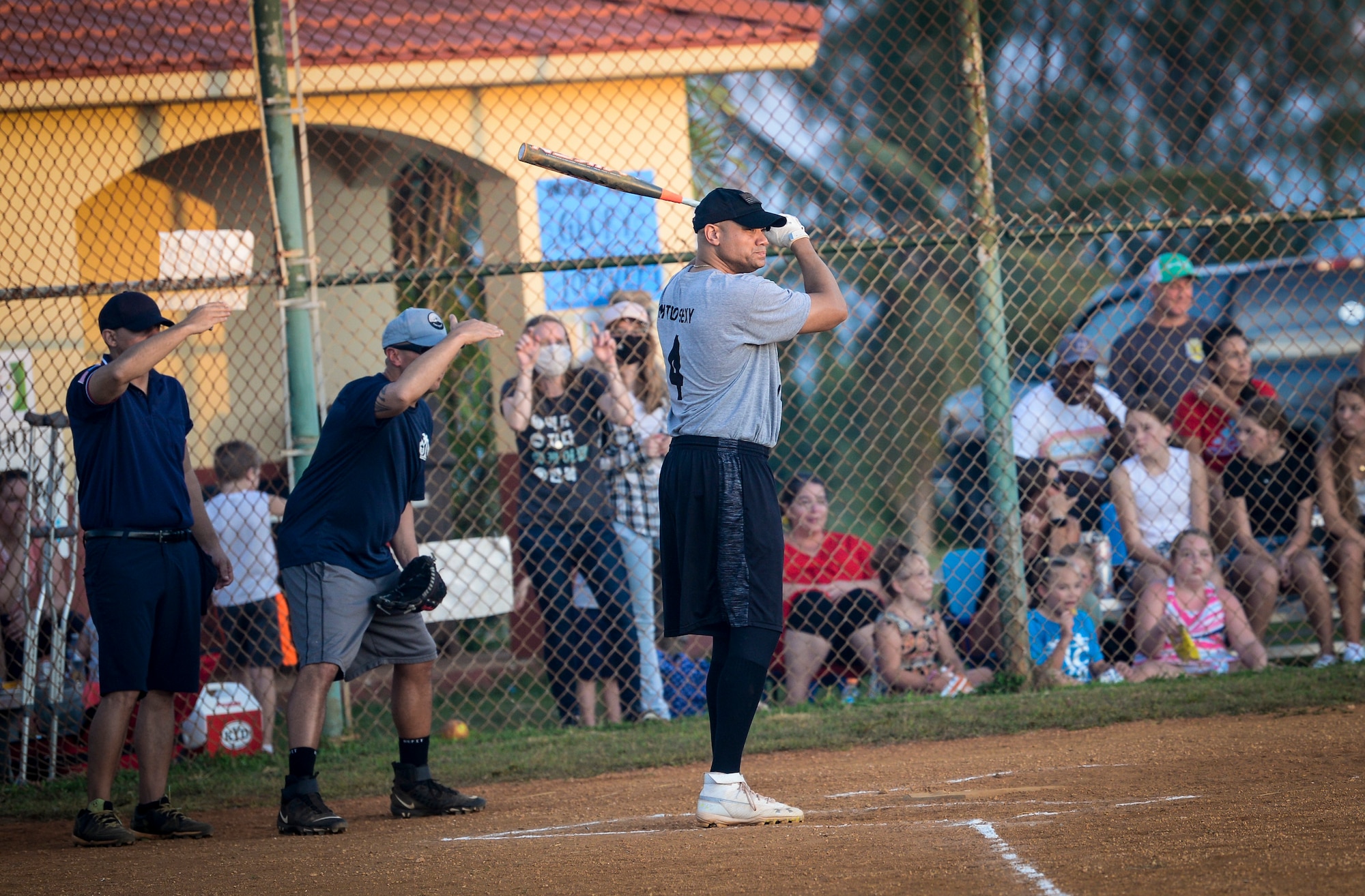 U.S. Air Force Col. Ryan Hendricks, 36th Wing judge advocate, prepares to hit during the Chief’s versus Eagle’s softball game at Andersen Air Force Base, Guam, June 18, 2021.