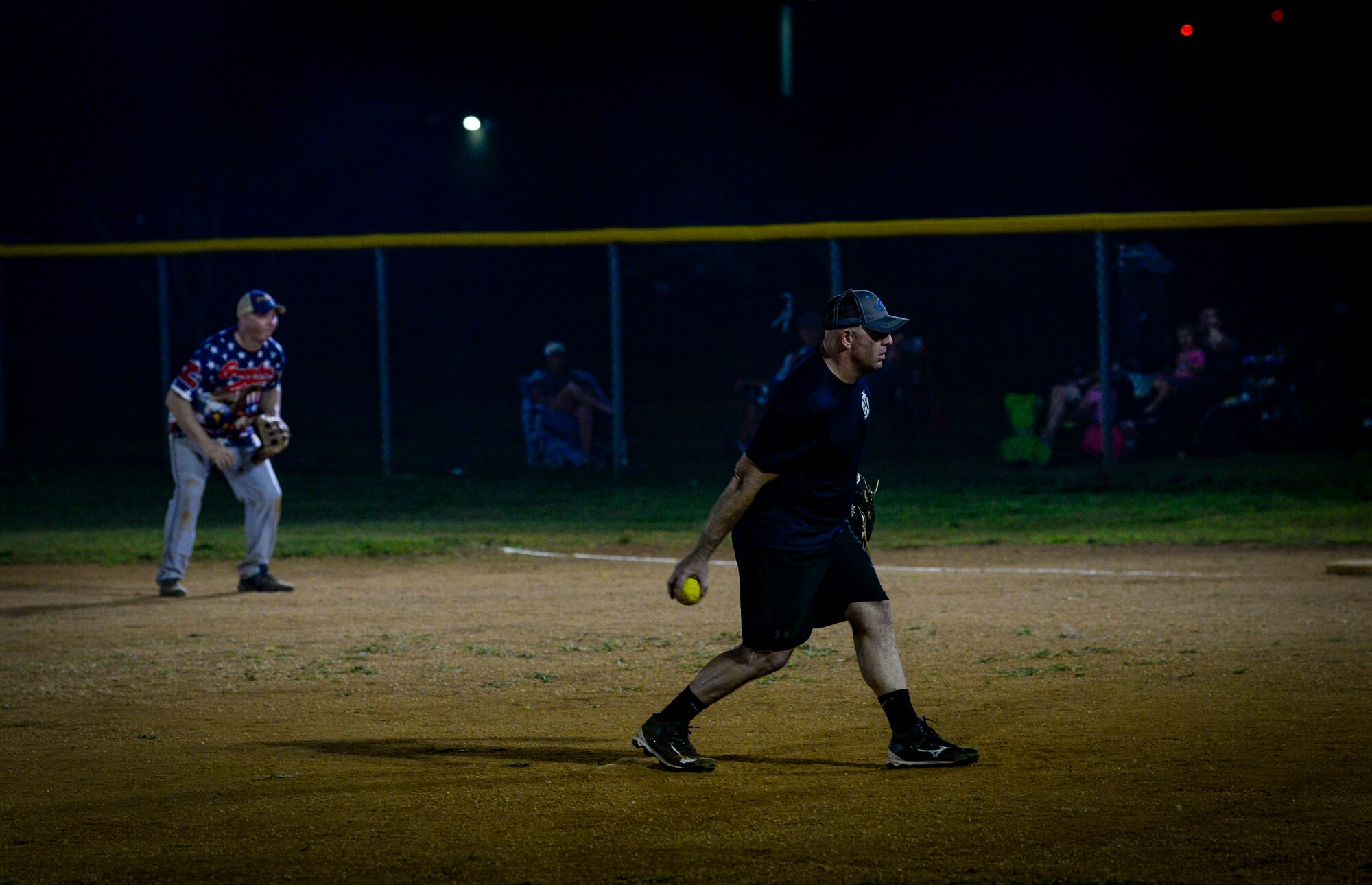 U.S. Air Force Chief Master Sgt. John Splitter, chief enlisted manager assigned to the 36th Civil Engineer Squadron, pitches the ball during the Chief’s versus Eagle’s softball game at Andersen Air Force Base, Guam, June 18, 2021.