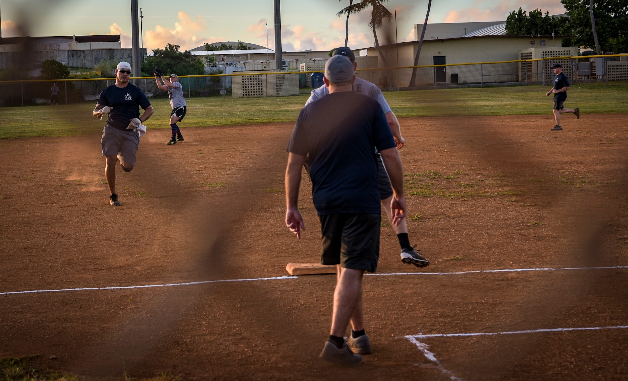 U.S. Air Force Chief Master Sgt. Michael Cox, superintendent assigned to the 36th Operations Support Squadron, runs to third base during the Chief’s versus Eagle’s softball game at Andersen Air Force Base, Guam, June 18, 2021.