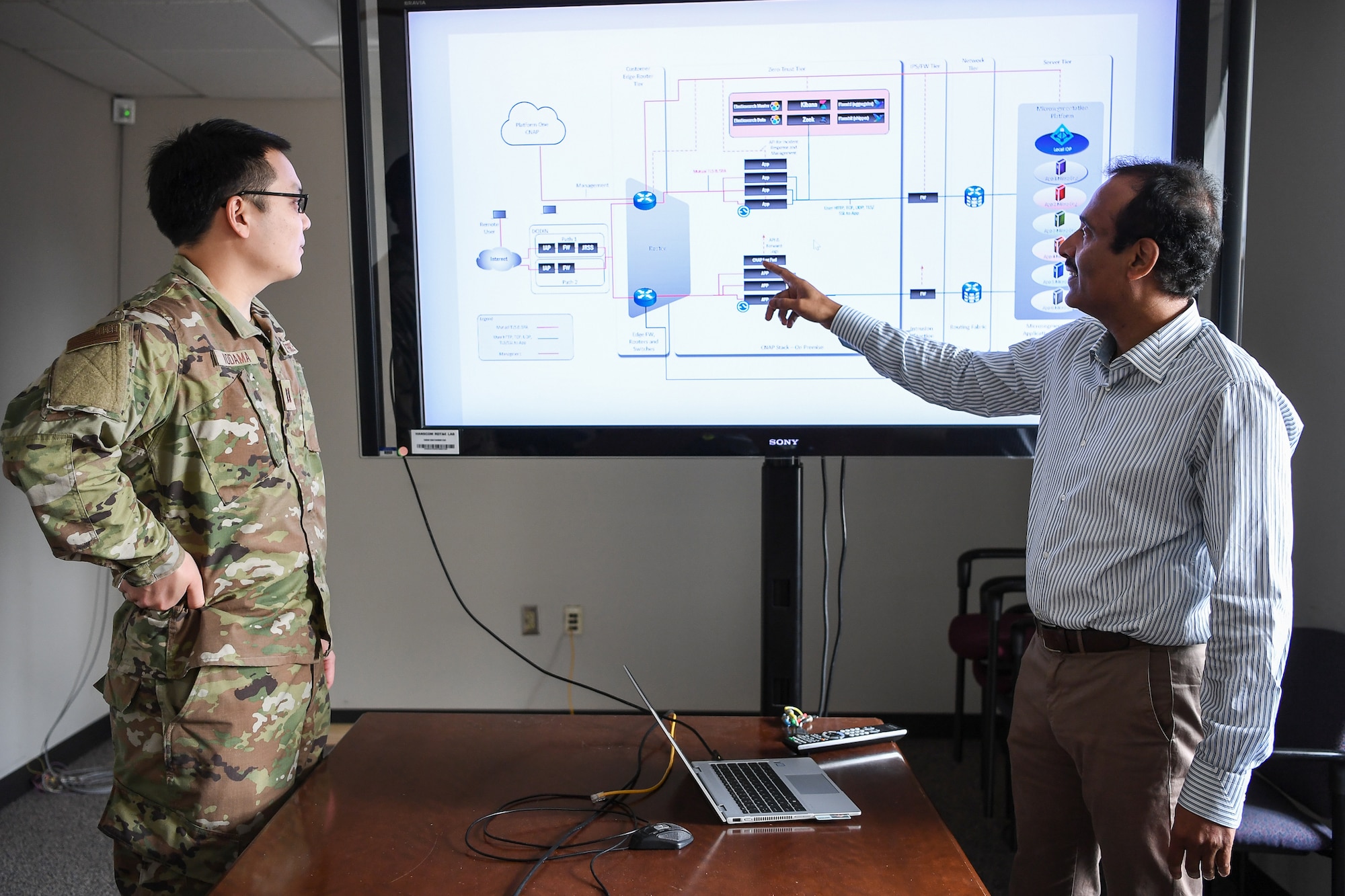 Capt. Christopher Kodama, branch engineer, and Raju Ranjan, an engineer from the AFNet Sustainment and Operations Branch discuss plans for a modern software-based perimeter at Hanscom Air Force Base, Mass., June 3, 2021. HNIB personnel are partnering with the Air Combat Command Directorate of Cyberspace and Information Dominance to develop the perimeter, which will deliver zero trust capability to applications across the Air Force.