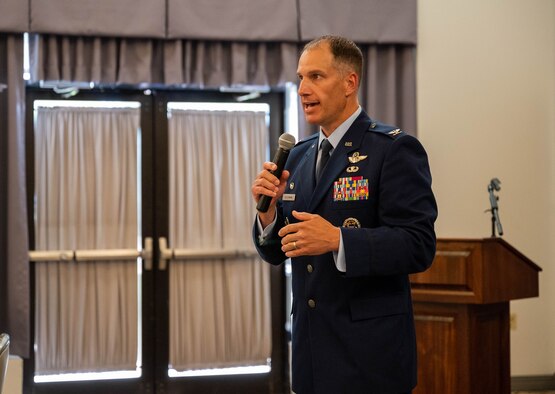 Col. Matt Husemann, 436th Airlift Wing commander, speaks during the Military Affaire event at Dover Air Force Base, Delaware, June 17, 2021. The annual event brings Dover AFB and community leaders together to network and build relationships. (U.S. Air Force photo by Senior Airman Faith Schaefer)