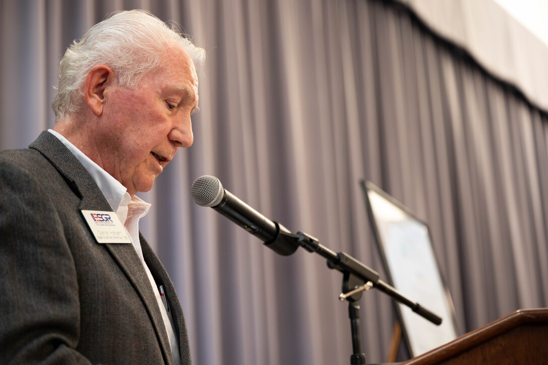 Gene Hebert, Employer Support of the Guard and Reserve Delaware state chairman, speaks during Military Affaire at Dover Air Force Base, Delaware, June 17, 2021. The annual event brings Dover AFB and community leaders together to network and build relationships. (U.S. Air Force photo by Senior Airman Faith Schaefer)