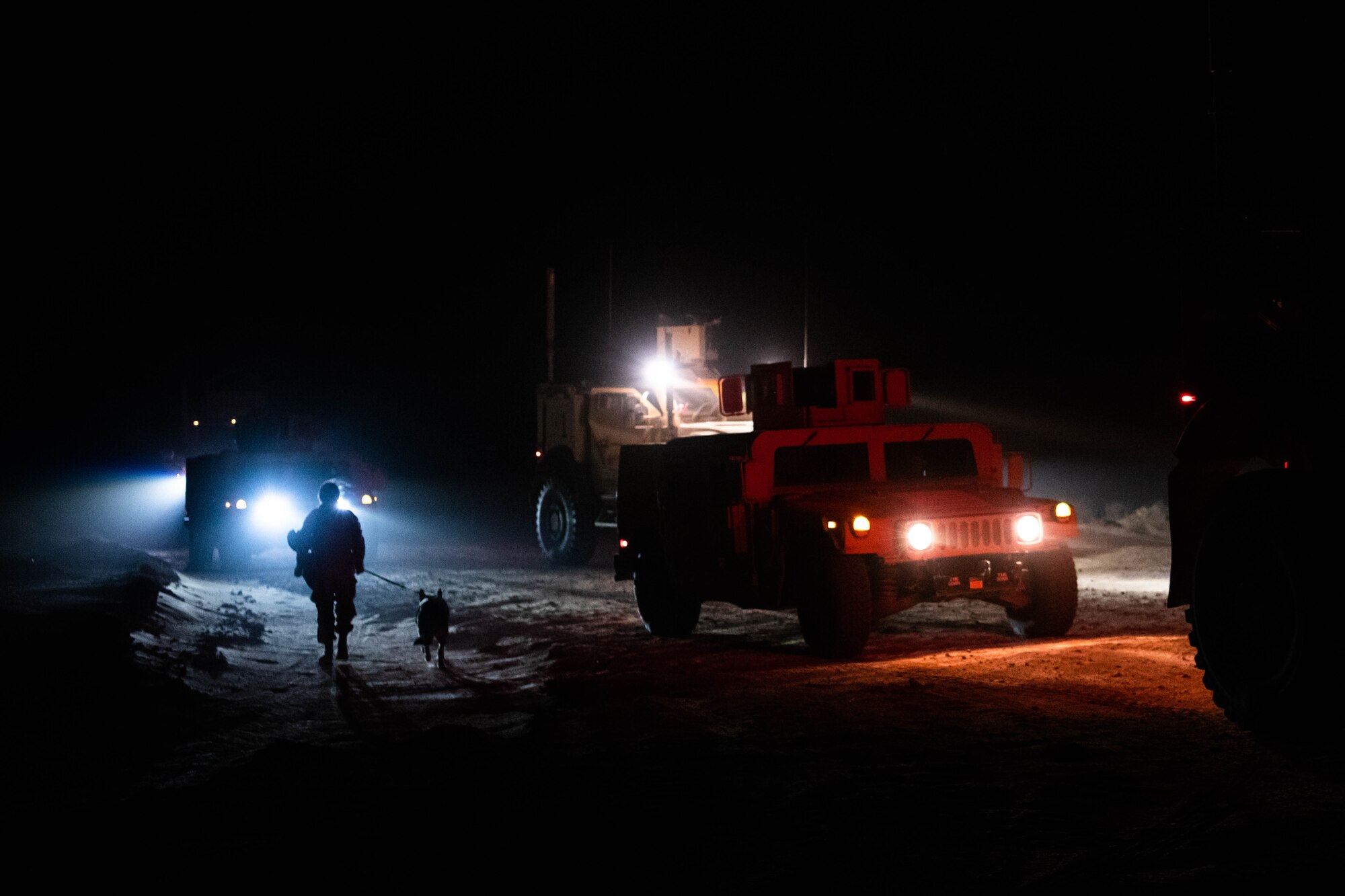 U.S. Air Force Staff Sgt. Maria Delgadillo, a military working dog handler with the 378th Expeditionary Security Forces Squadron, and her MWD, Rony, return to their vehicle during a quick response training event in blackout conditions at Prince Sultan Air Base, Kingdom of Saudi Arabia, June 12, 2021. PSAB Explosive Ordnance Disposal, Security Forces and Medical personnel participated in integrated training to bolster defensive capabilities and maintain readiness at all times. (U.S. Air Force photo by Capt. Rachel Buitrago)