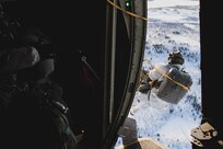 A U.S. Tactical Air Control Party Airman assigned to the 2nd Air Support Operations Squadron, Vilseck, Germany, jumps out of a C-130J Super Hercules over Kiruna, Sweden, prior to Exercise Cold Response 20, Feb. 27, 2020. Photo by Staff Sgt. Devin Boyer.