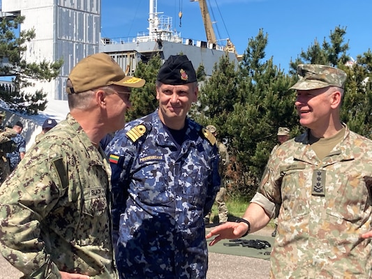 210616-N-NO901-0001 KLAIPĖDA, Lithuania (June 16, 2021) Lithuanian Chief of Defense Lt. Gen. Valdemaras Rupšys and Lithuanian Head of Navy Capt. Giedrius Premeneckas talk with Vice Adm. Gene Black, commander, U.S. Sixth Fleet and, commander, Naval Striking and Support Forces NATO, during Lithuanian-led exercise Baltic Fortress 21 Distinguished Visitor Day, June 16, 2021, in Klaipėda, Lithuania.  Baltic Fortress 21 is linked to BALTOPS 50 and certifies Baltic naval officers to operate at the Task Group Level. The 50th BALTOPS represents a continuous, steady commitment to reinforcing interoperability in the Alliance and providing collective maritime security in the Baltic Sea. (U.S. Navy courtesy photo)