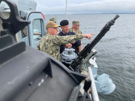 210613-N-NO901-0001 BALTIC SEA (June 13, 2021) Estonian head of Navy Commodore Jüri Saska, middle, and Vice Adm. Gene Black, commander, U.S. Sixth Fleet and commander, Naval Striking and Support Forces NATO, observe a historic mine disposal aboard Estonian minehunter EML Admiral Cowen (M 313), June 13, 2021, in the Baltic Sea. The 50th BALTOPS represents a continuous, steady commitment to reinforcing interoperability in the Alliance and providing collective maritime security in the Baltic Sea. (U.S. Navy courtesy photo)