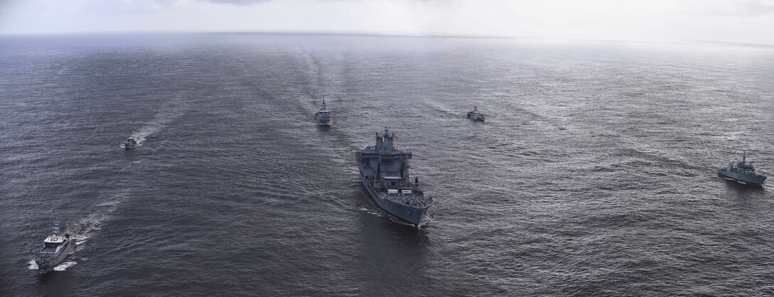 Multinational vessels participating in exercise Tradewinds 2021 conduct a photo exercise (PHOTEX) off the coast of Guyana June 18 2021.